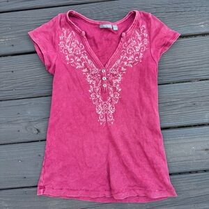 Sz S Y2K VTG Henley Ribbed Short Sleeve Shirt Pink Filigree Graphic Bella Swan